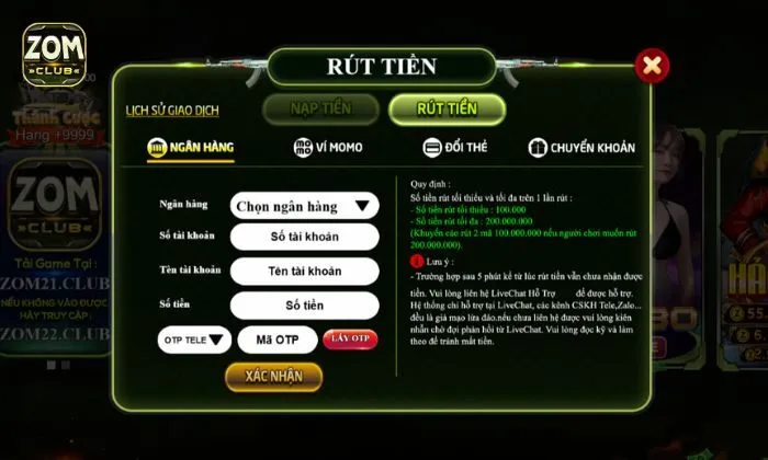 Rút tiền Zomclub Hướng dẫn cách rút tiền Zomclub qua ngân hàng tiện ích